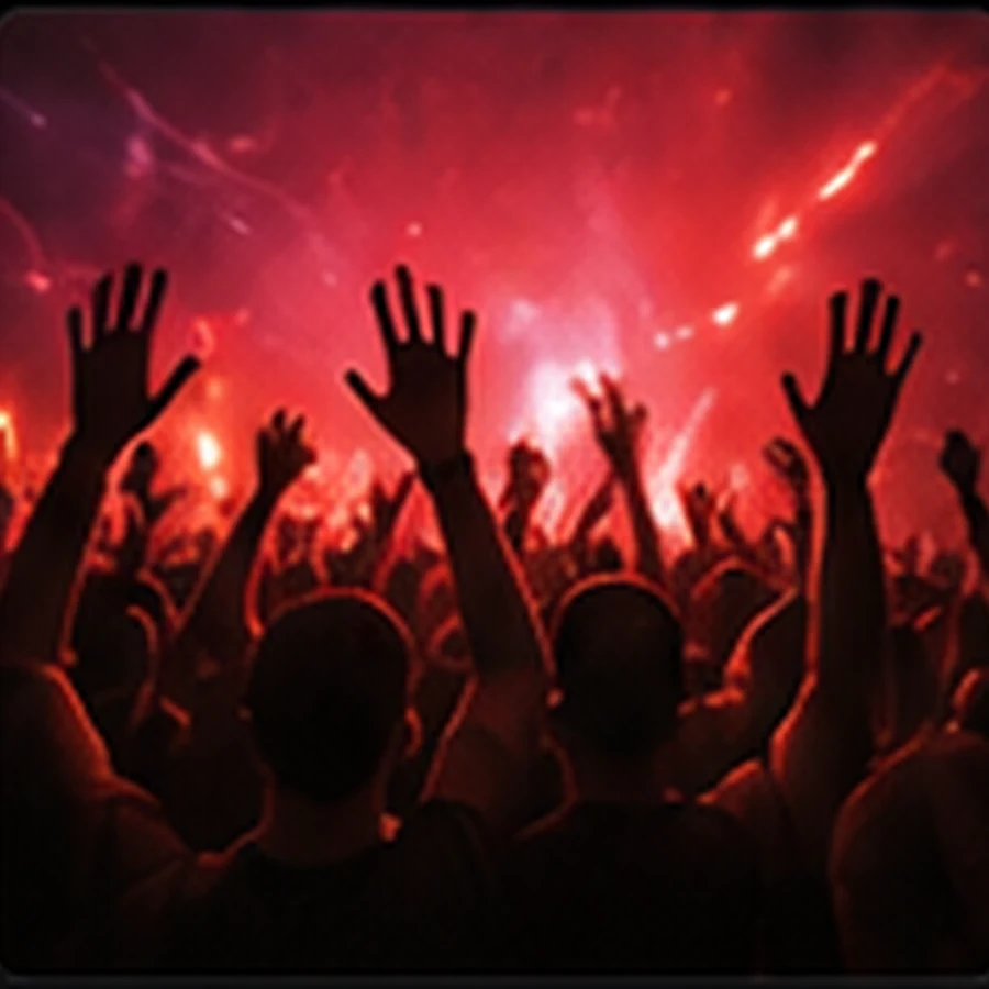 Bay Area rave crowd under red lighting
